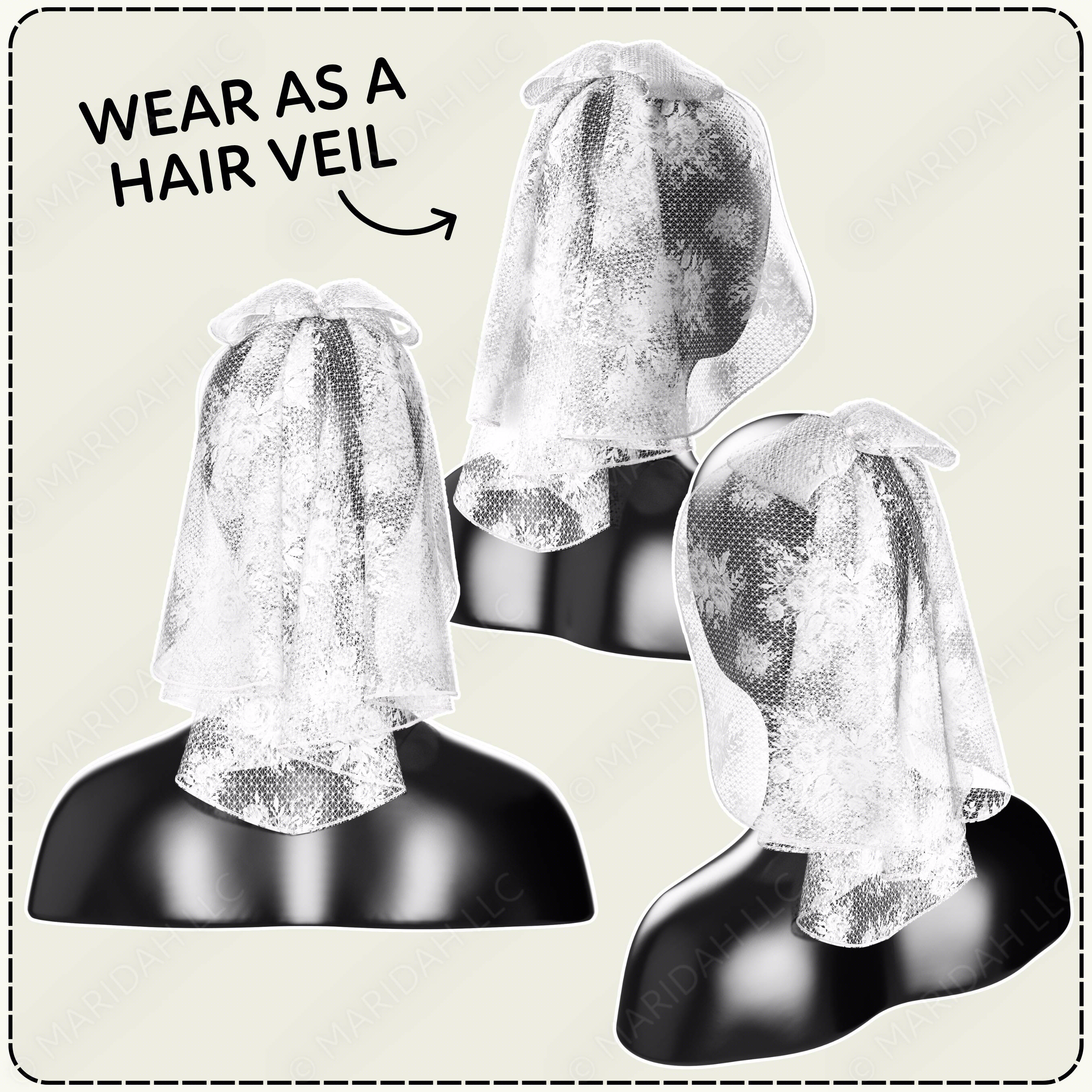 Hair veils worn on mannequin heads with text indicating how to wear them as a hair veil.