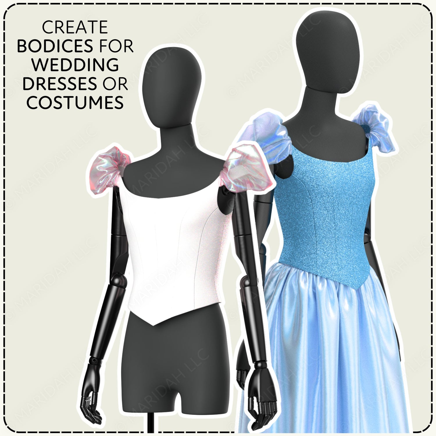 Black mannequins with blue wedding dress on a beige background