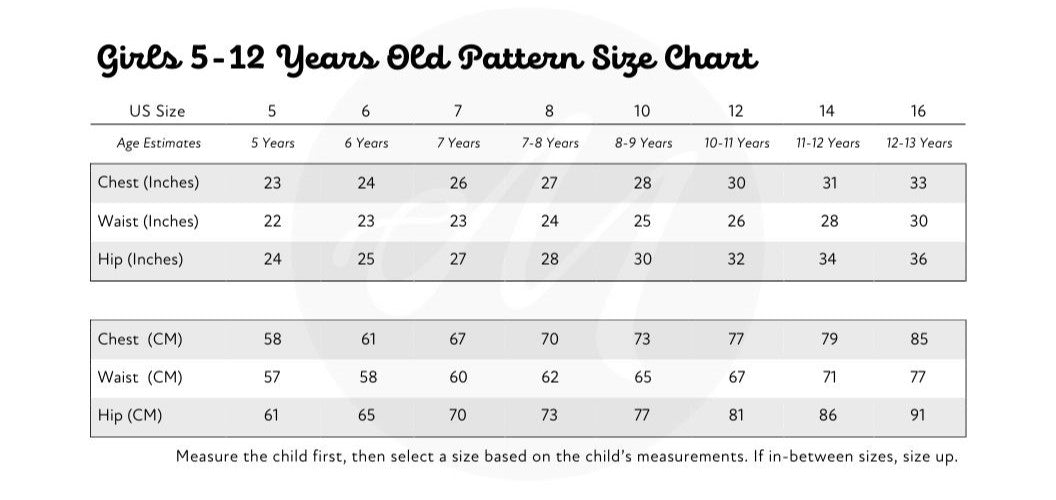 Girls 5-12 years old pattern size chart