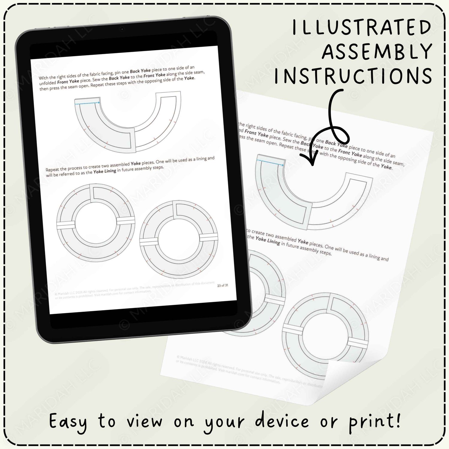 A tablet displays an illustrated assembly instructions page, with a second copy of the same page fanned out behind it. Large text reads &