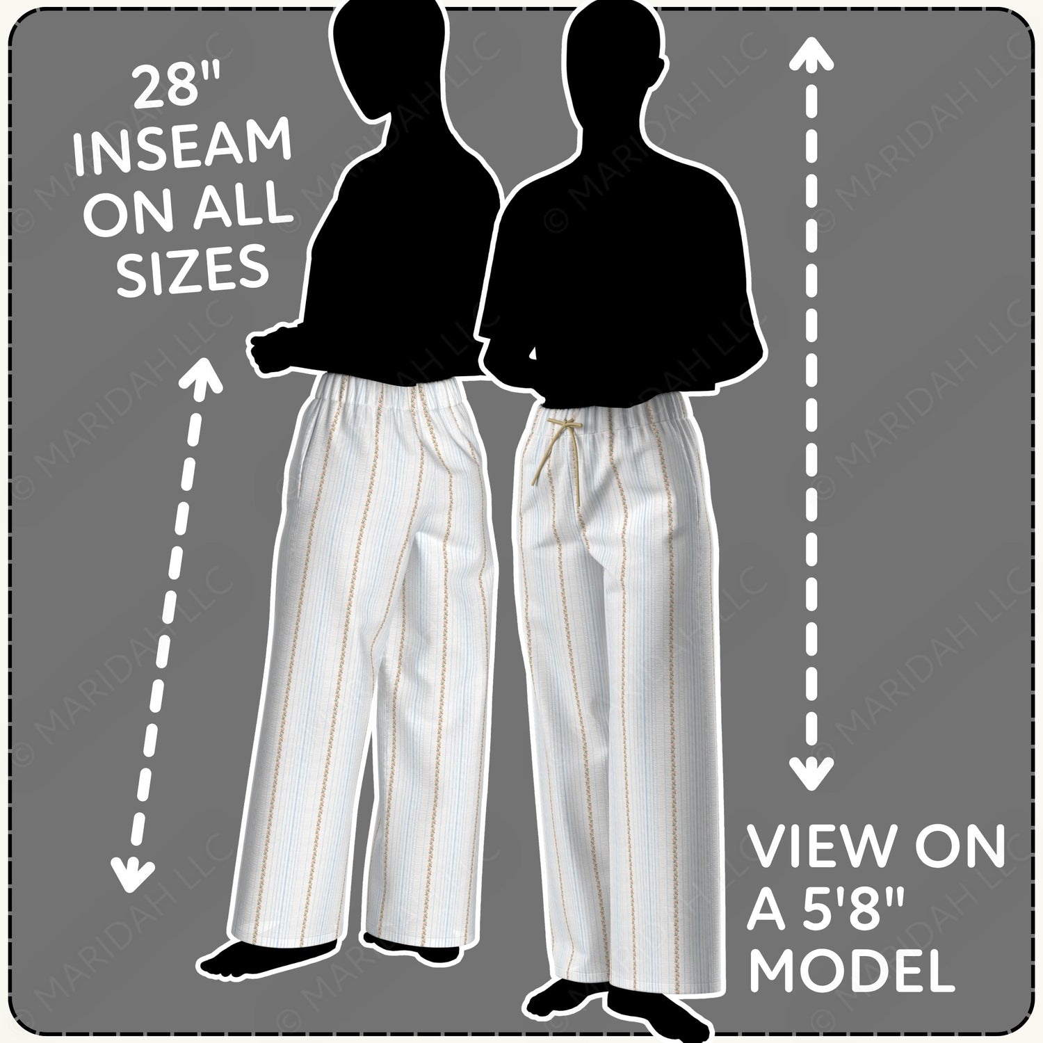 Illustration of two silhouettes wearing pants with inseam information on a gray background
