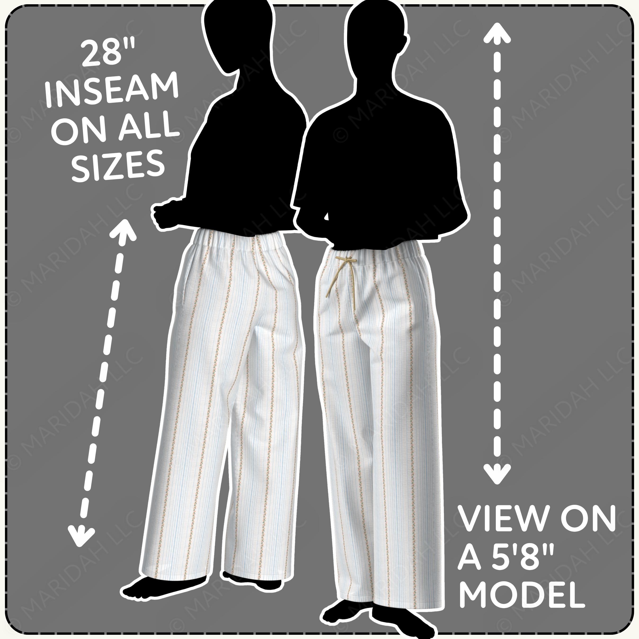 Illustration of two silhouettes wearing pants with inseam information on a gray background