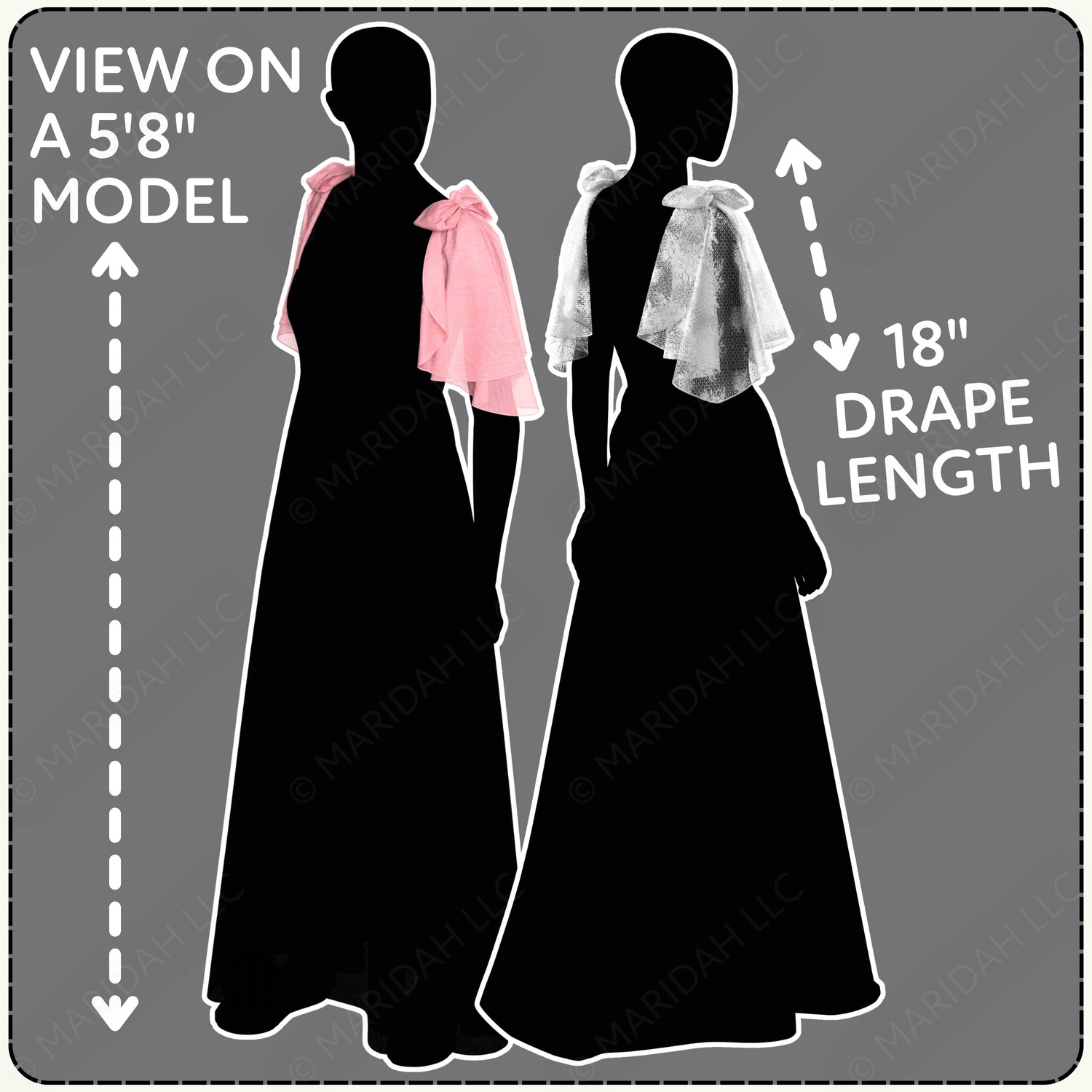 Silhouette of two models wearing a detachable drape sleeve with text indicating model height and drape length.