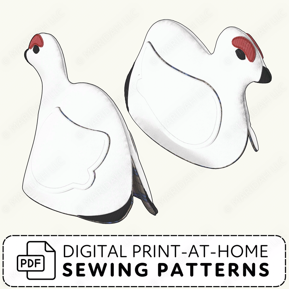 Digital print-at-home sewing pattern for a bird-shaped oven mitt on a white background.