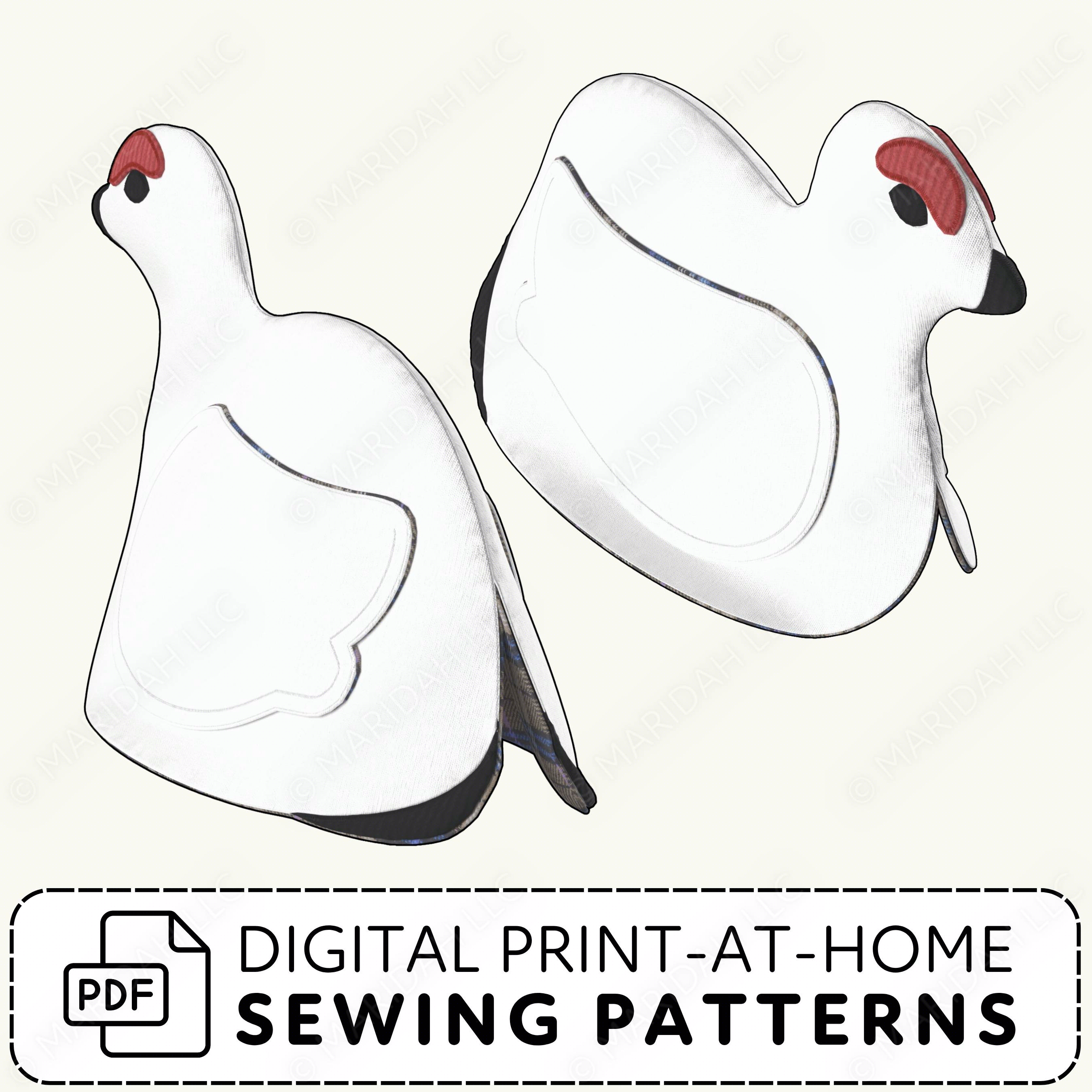Digital print-at-home sewing pattern for a bird-shaped oven mitt on a white background.