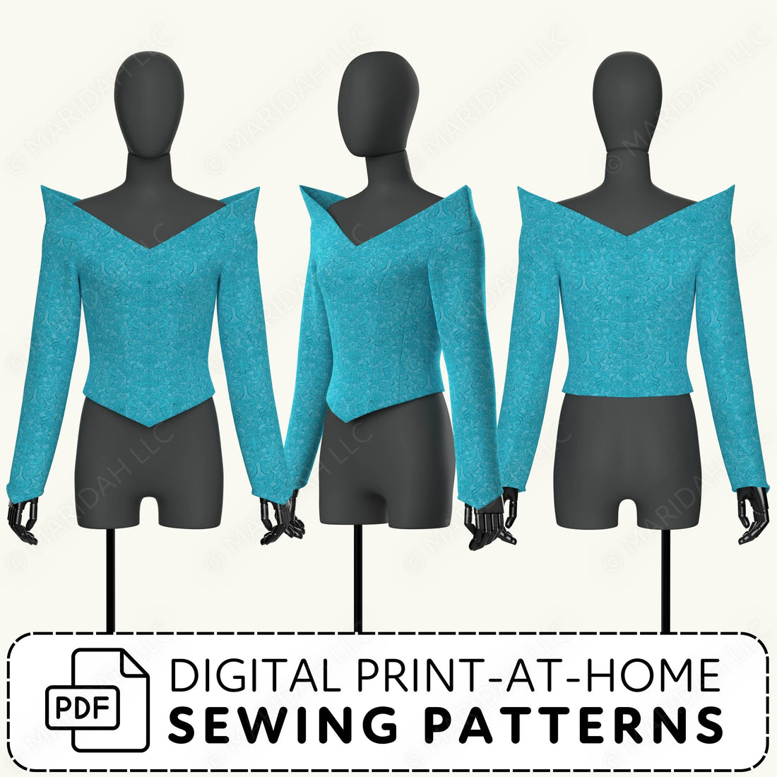 Three mannequins wearing turquoise off-shoulder tops with digital print-at-home sewing pattern text.