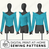 Three mannequins wearing turquoise off-shoulder tops with digital print-at-home sewing pattern text.