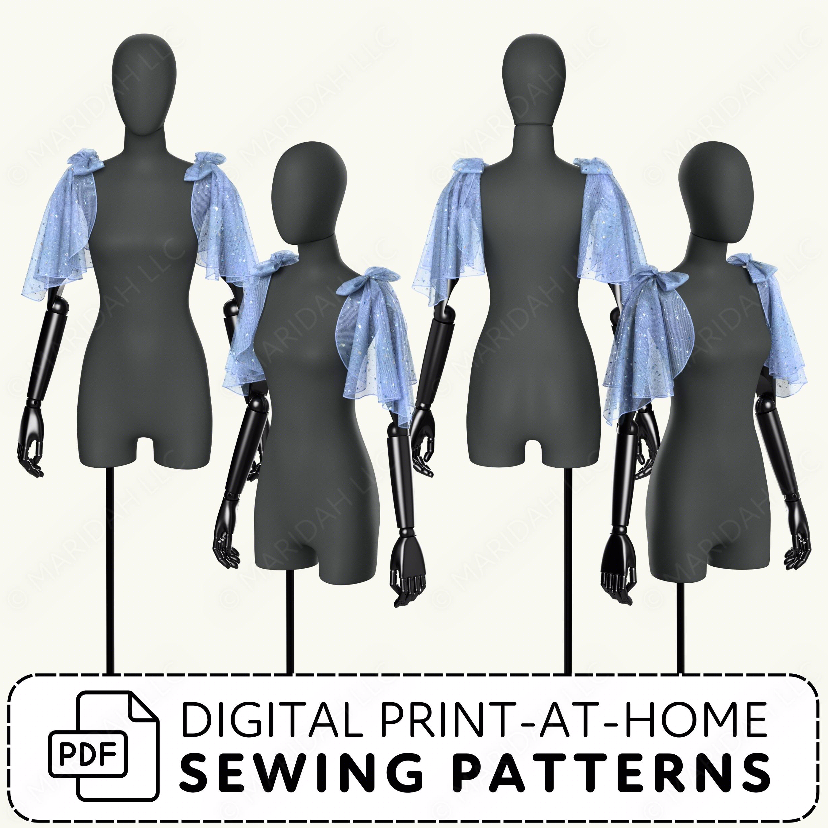 Mannequins with blue draped sleeves on shoulders and digital print-at-home sewing patterns text.