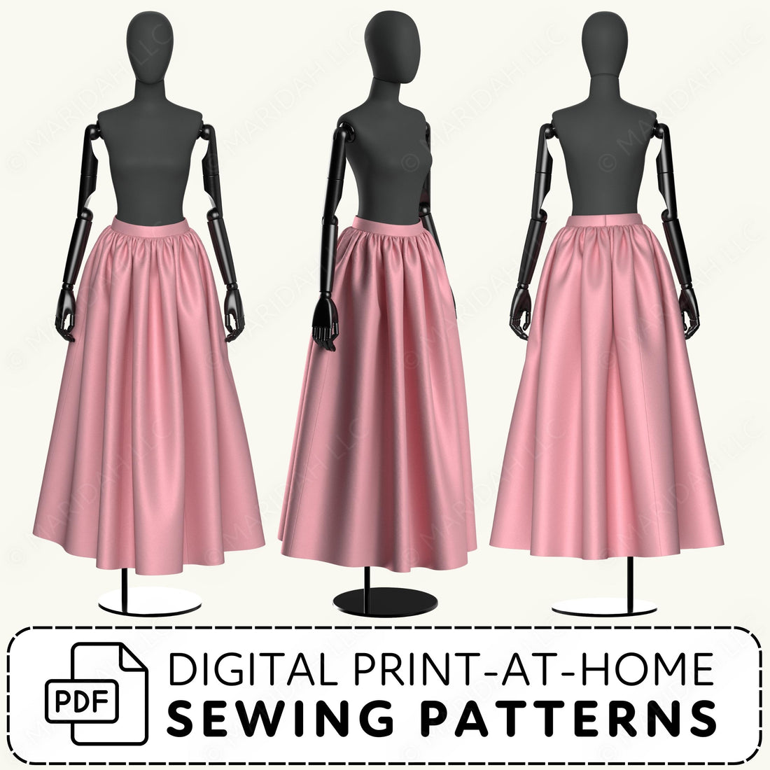 Three mannequins wearing pink skirts with digital print-at-home sewing pattern text.