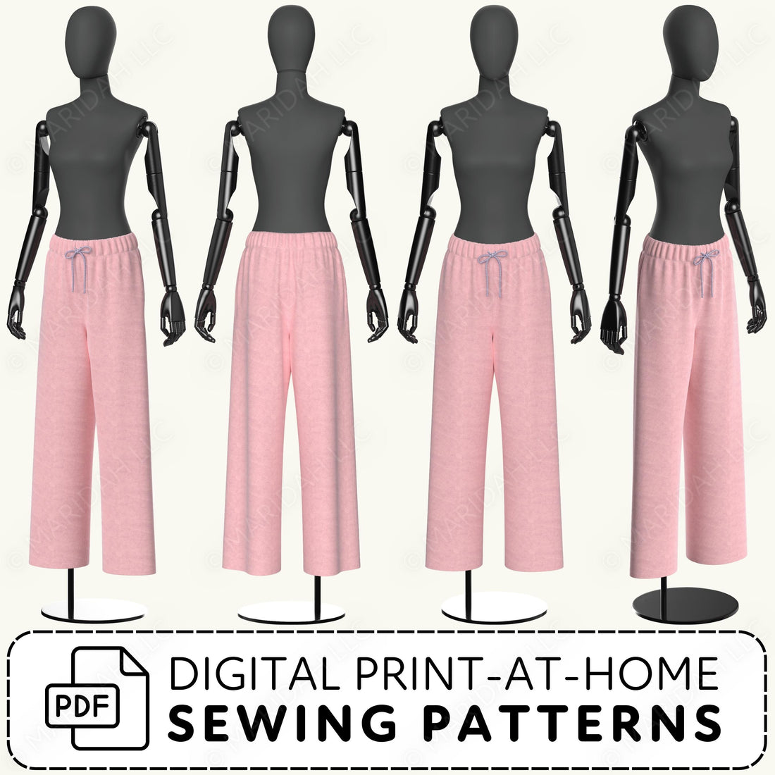 Mannequins wearing pink pants with digital print-at-home sewing pattern text.