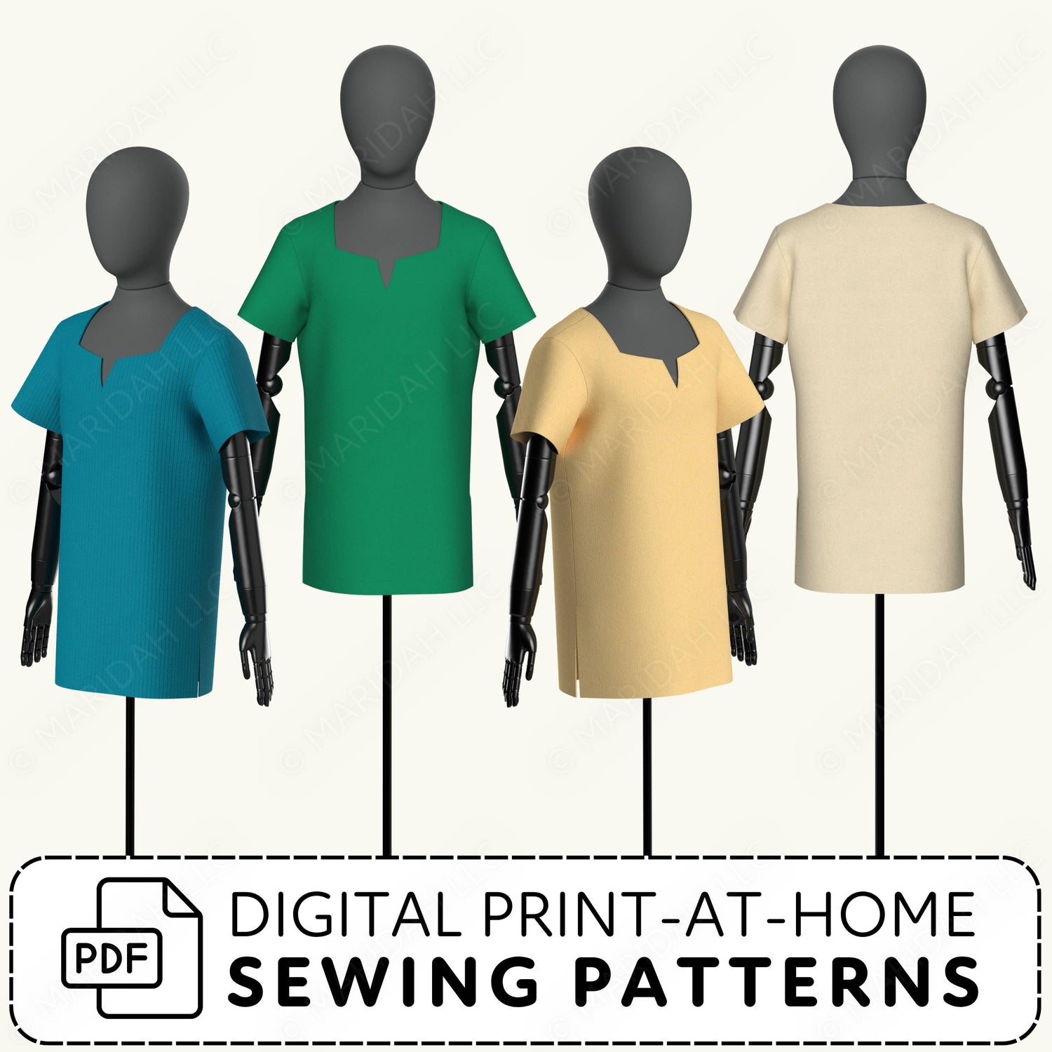 Mannequins wearing colorful shirts with digital print-at-home sewing patterns text.