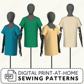 Mannequins wearing colorful shirts with digital print-at-home sewing patterns text.