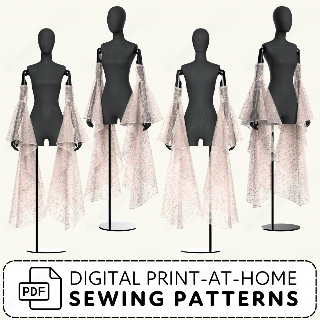 Mannequins wearing sheer sleeves and dresses with digital print-at-home sewing patterns text.