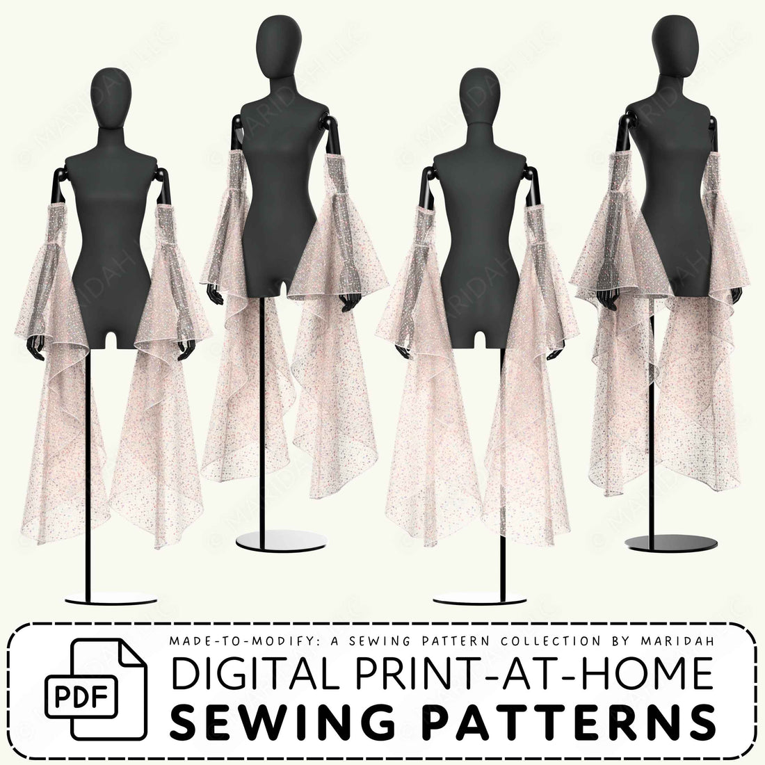 Four black dress forms display a matching sewing pattern set featuring a light pink floral print, with a short draped overlay and a longer matching skirt. A banner at the bottom reads &