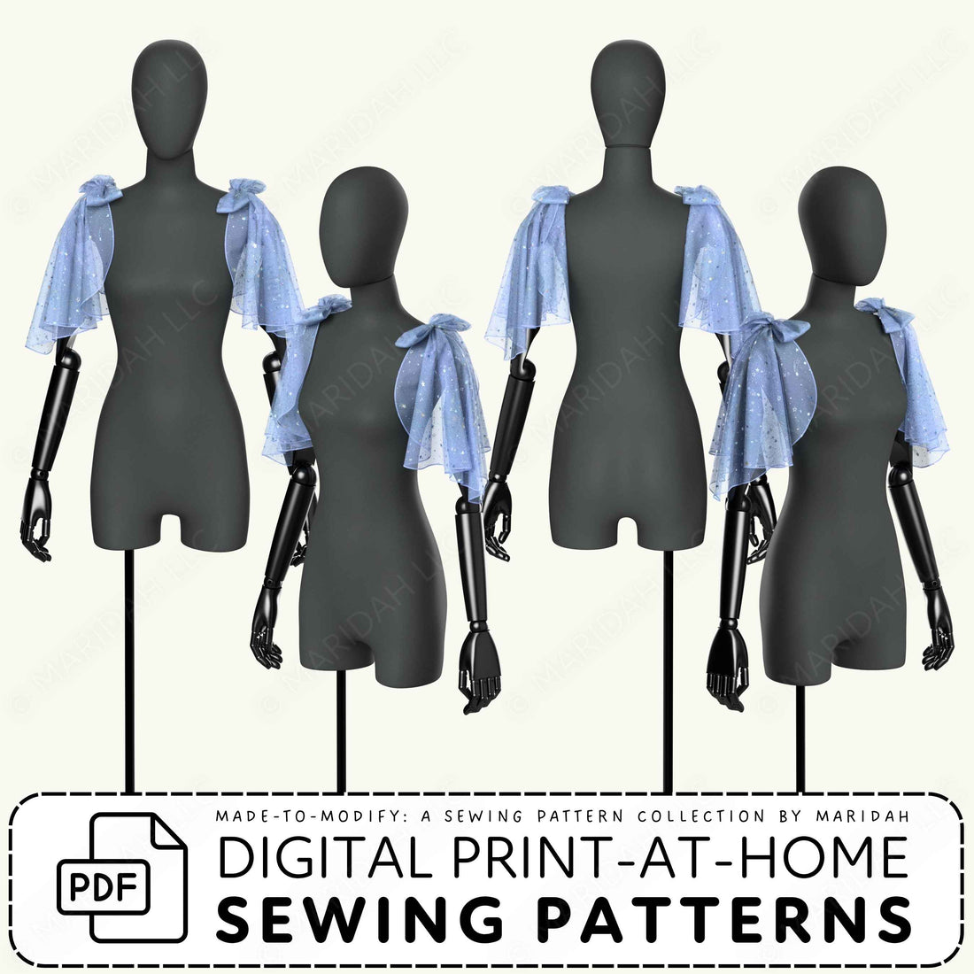 Four dark gray dress forms display light blue sheer ruffled shrug or cape sleeves from front and back angles. A white banner at the bottom reads &