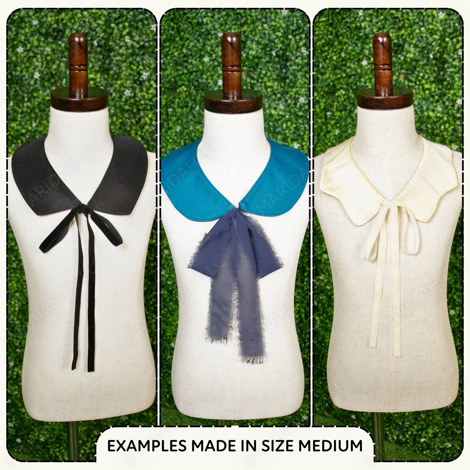 Three mannequin busts with different colored collars against a green textured background.