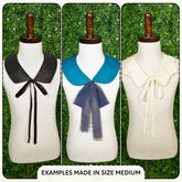 Three mannequin busts with different colored collars against a green textured background.