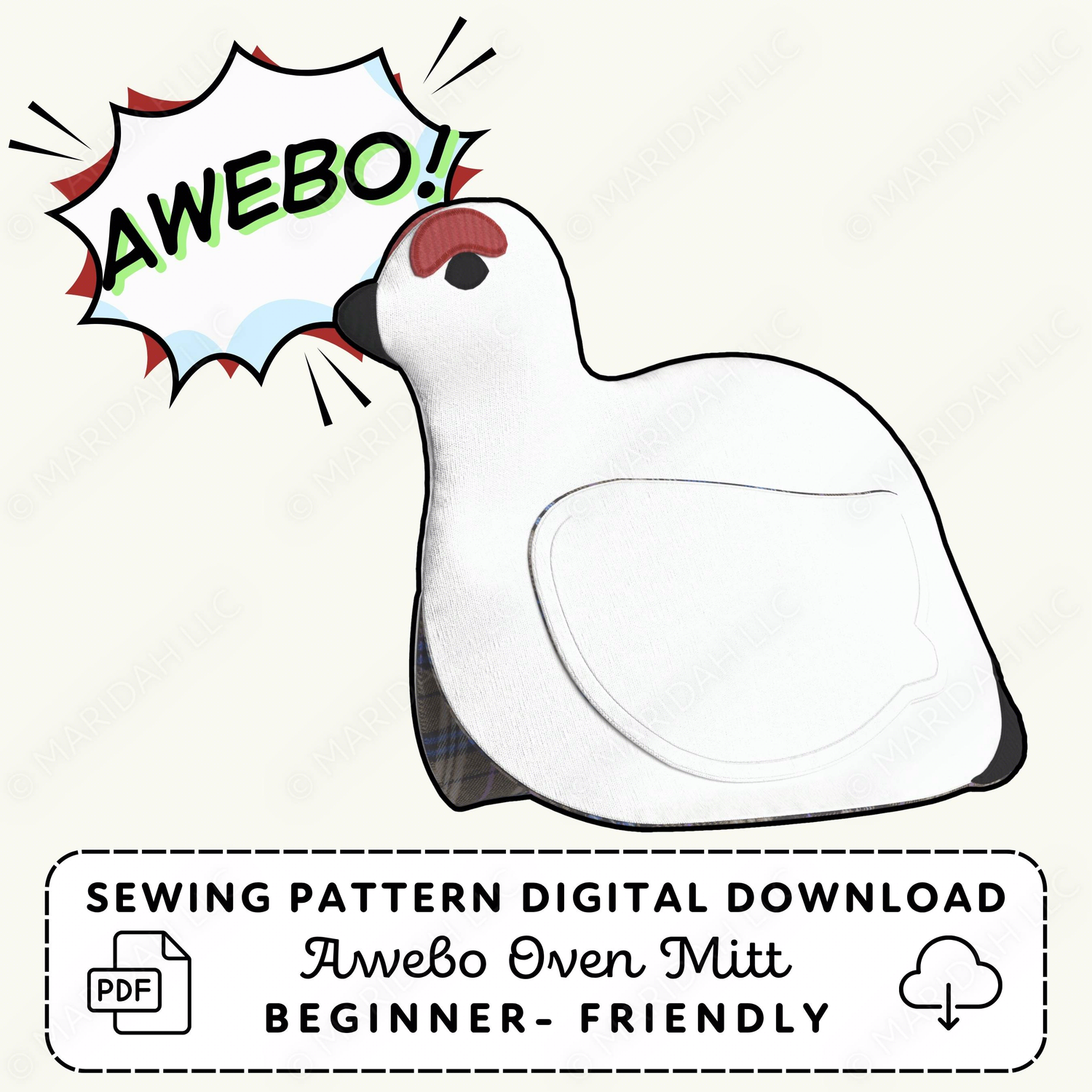 Sewing pattern digital download for an Awebo oven mitt with cartoon bird design and &