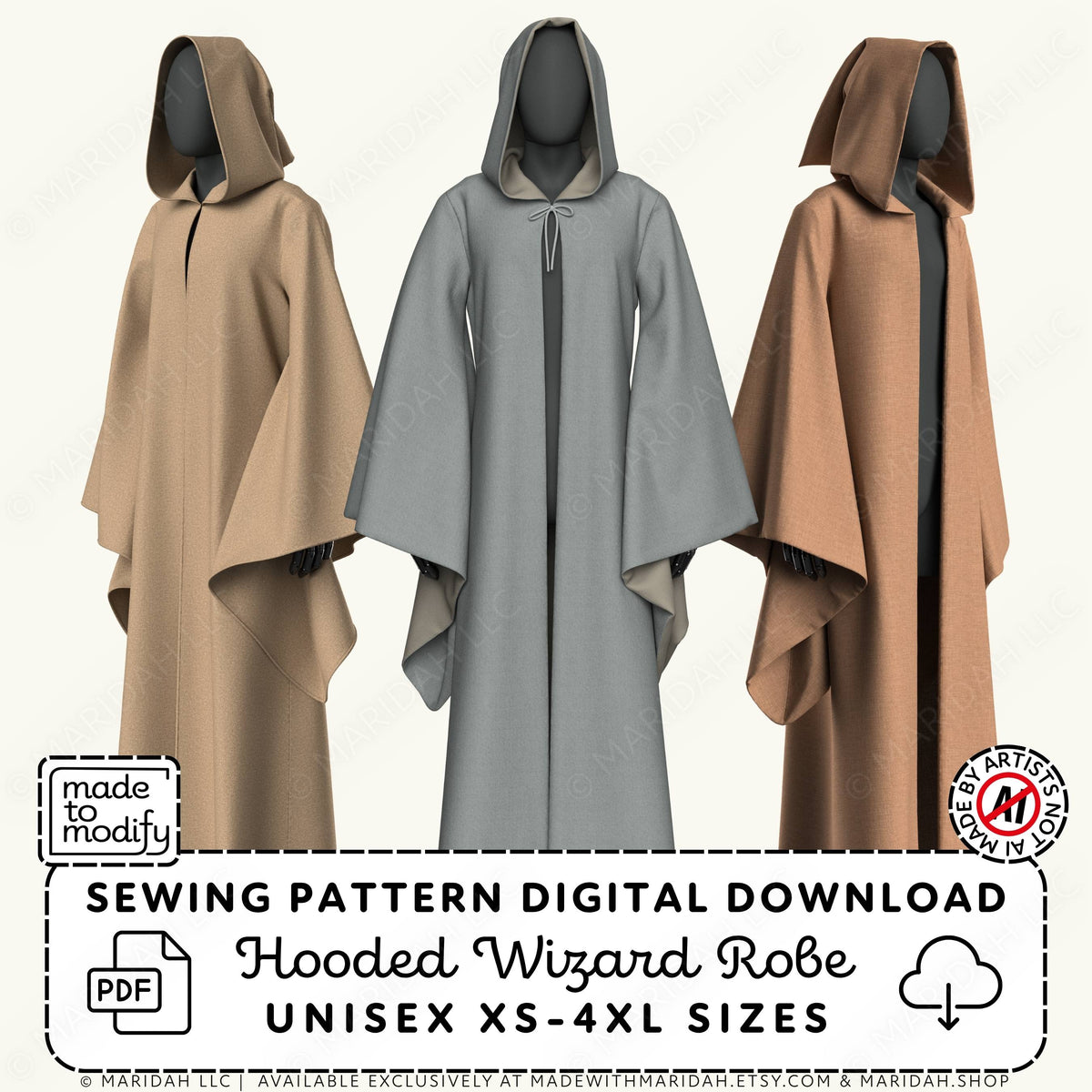 Three hooded wizard robes displayed on mannequins in beige, gray, and brown, with a digital download listing banner at the bottom reading &