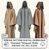 Three hooded wizard robes displayed on mannequins in beige, gray, and brown, with a digital download listing banner at the bottom reading &