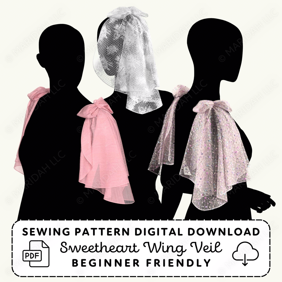 Silhouette of a woman wearing a sweetheart wing veil with text about a sewing pattern digital download.