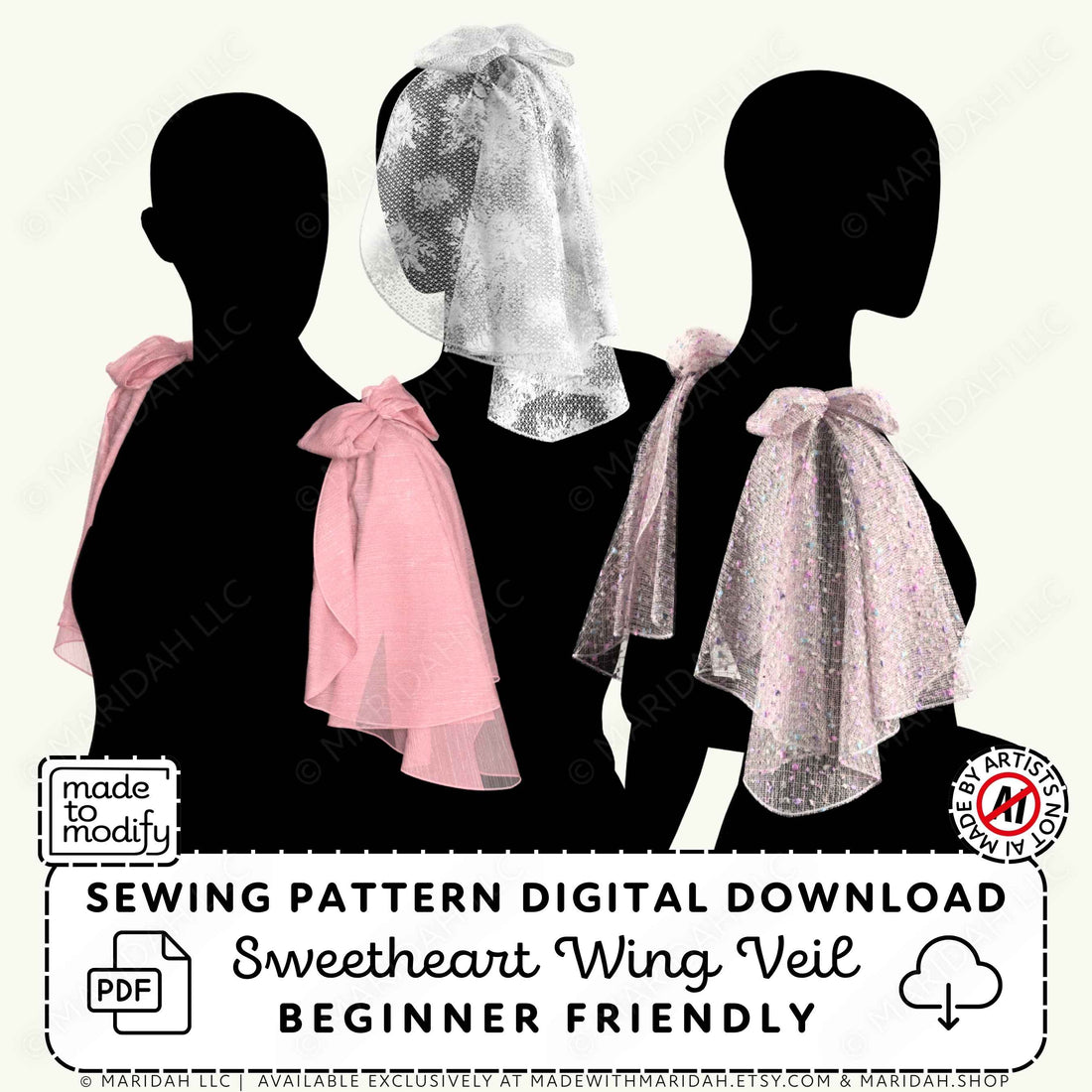 Promotional graphic for a digital sewing pattern download showing three black mannequin silhouettes wearing Sweetheart Wing Veil options: solid light pink, sheer white with sequins, and sheer white with tiny pink dots. Text at the bottom reads &