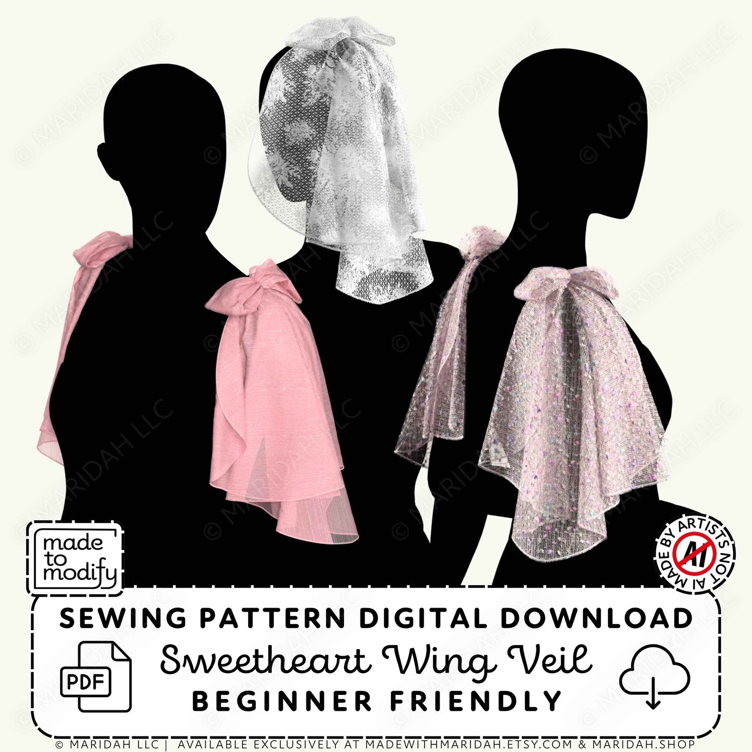 Promotional graphic for a digital sewing pattern download showing three black mannequin silhouettes wearing Sweetheart Wing Veil options: solid light pink, sheer white with sequins, and sheer white with tiny pink dots. Text at the bottom reads &