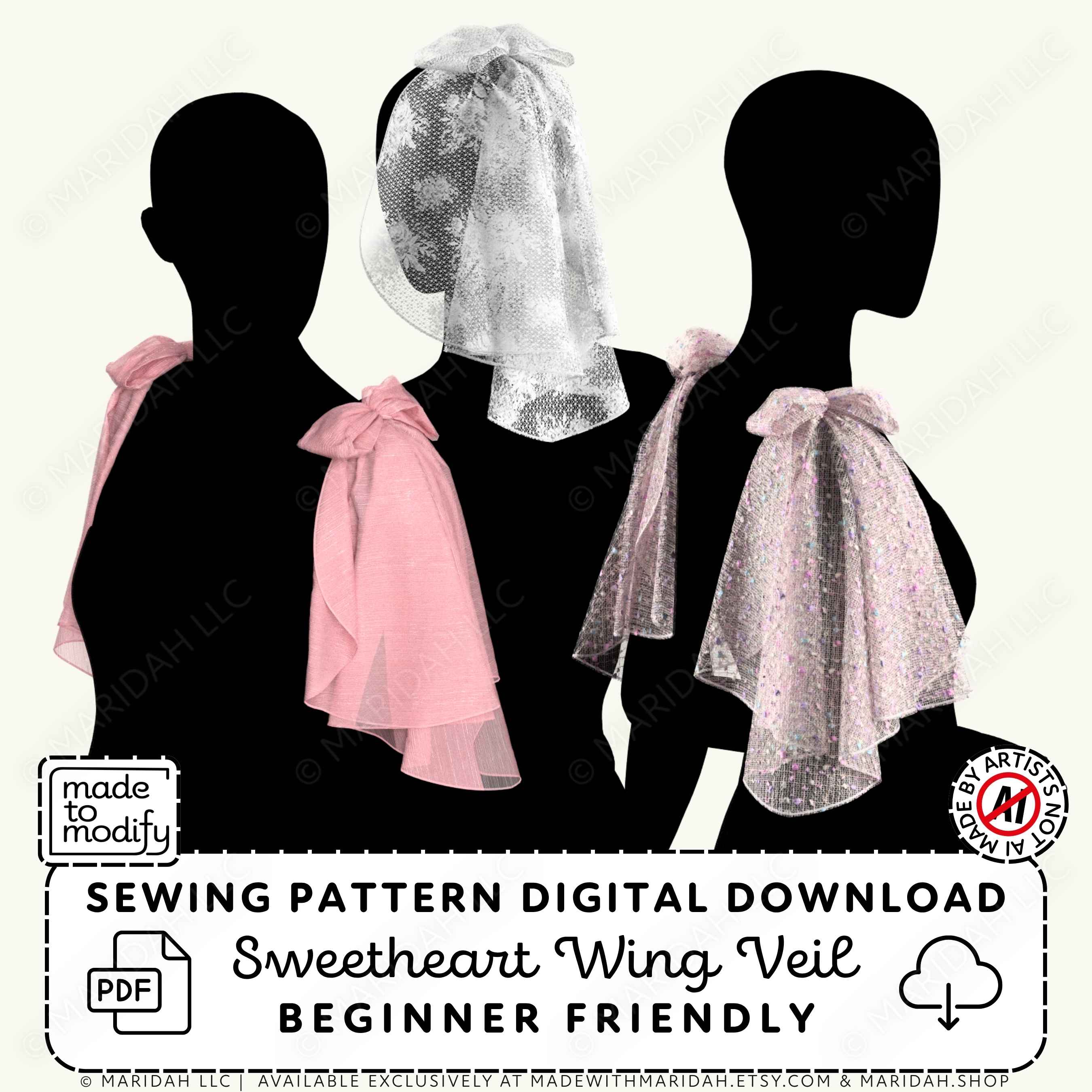 Promotional graphic for a digital sewing pattern download showing three black mannequin silhouettes wearing Sweetheart Wing Veil options: solid light pink, sheer white with sequins, and sheer white with tiny pink dots. Text at the bottom reads &
