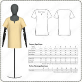 Mannequin wearing a yellow t-shirt with pattern size chart and fabric yardage estimator on a white background