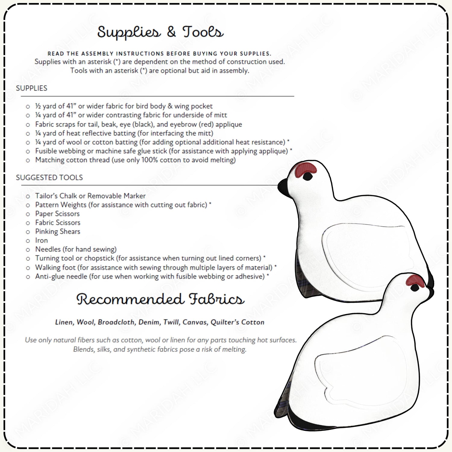 Supplies and tools list for bird oven mitt making with recommended fabrics on a white background.