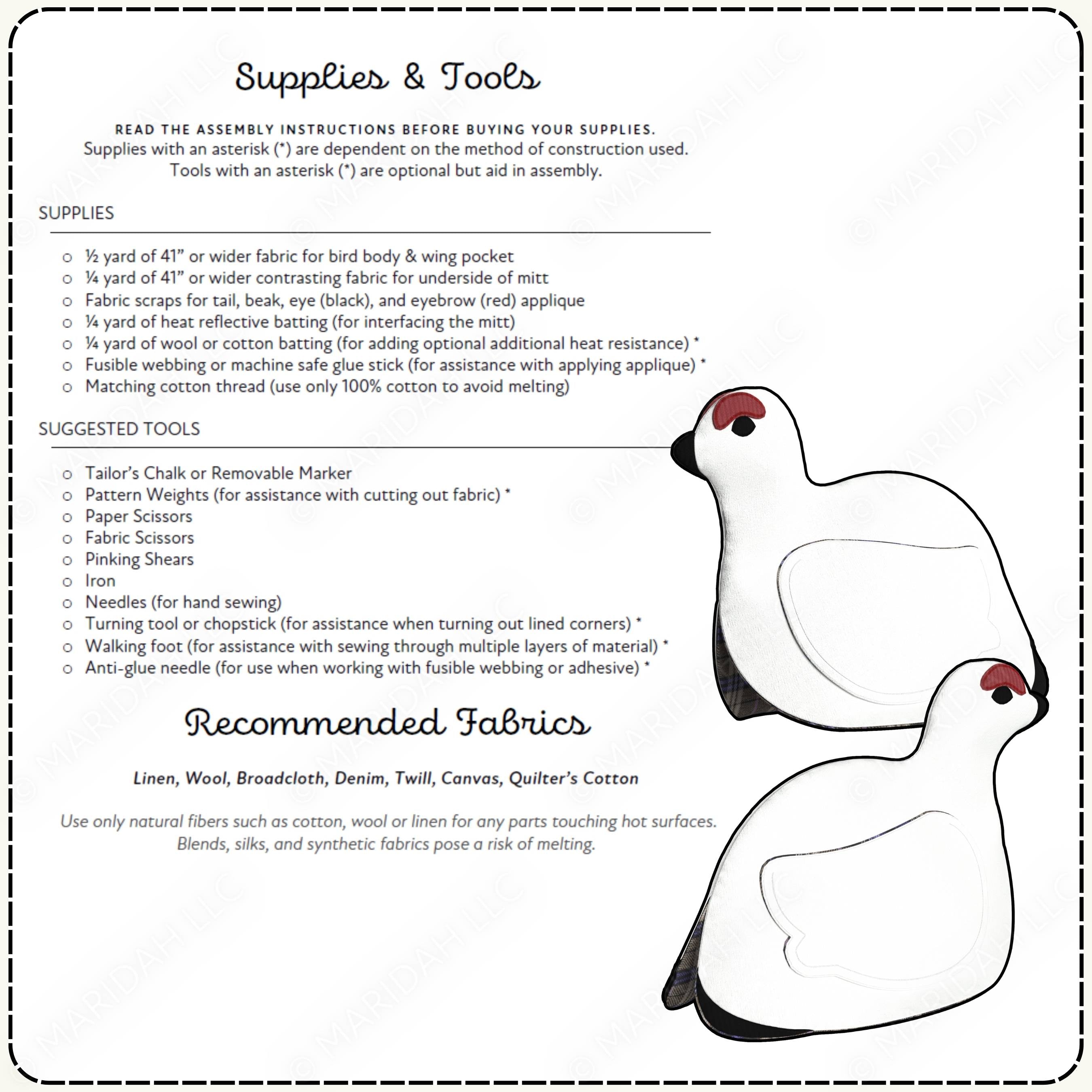 Supplies and tools list for bird oven mitt making with recommended fabrics on a white background.