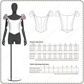 Mannequin display with pattern size chart and fabric yardage estimates for a princess-style bodice.