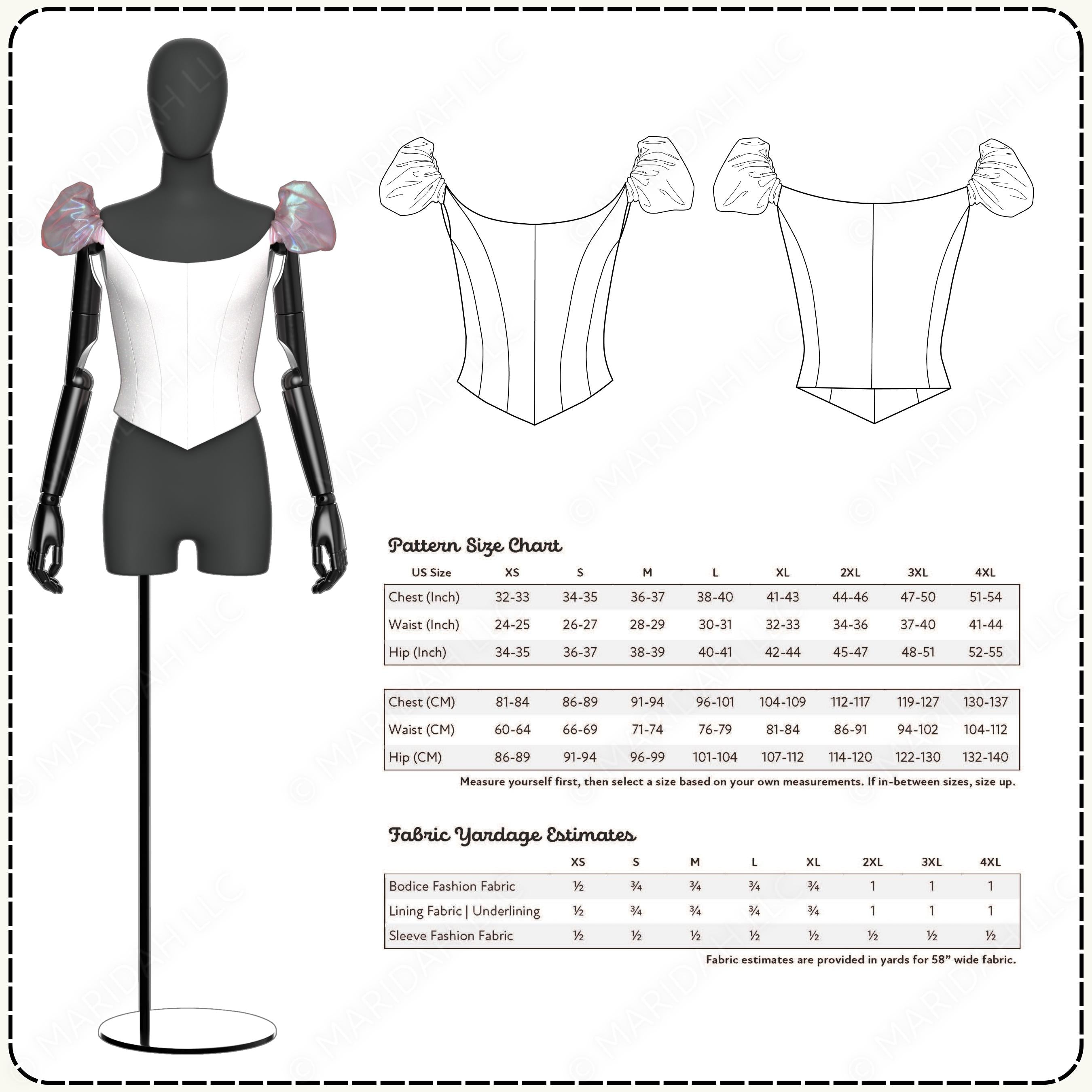 Mannequin display with pattern size chart and fabric yardage estimates for a princess-style bodice.
