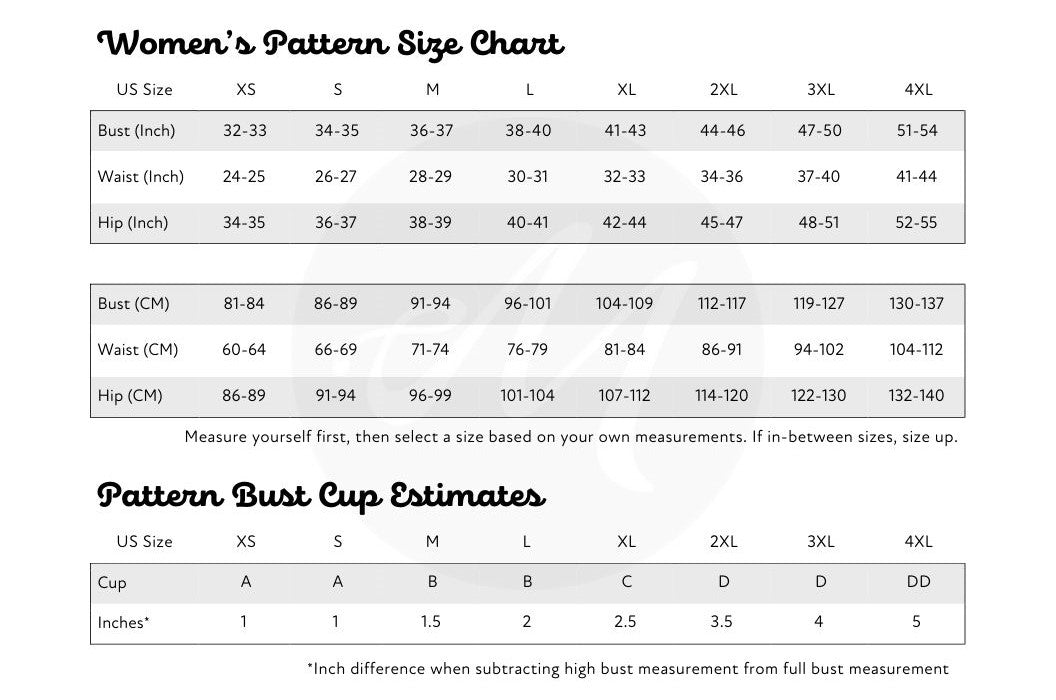 Womens Sewing Pattern Size Chart