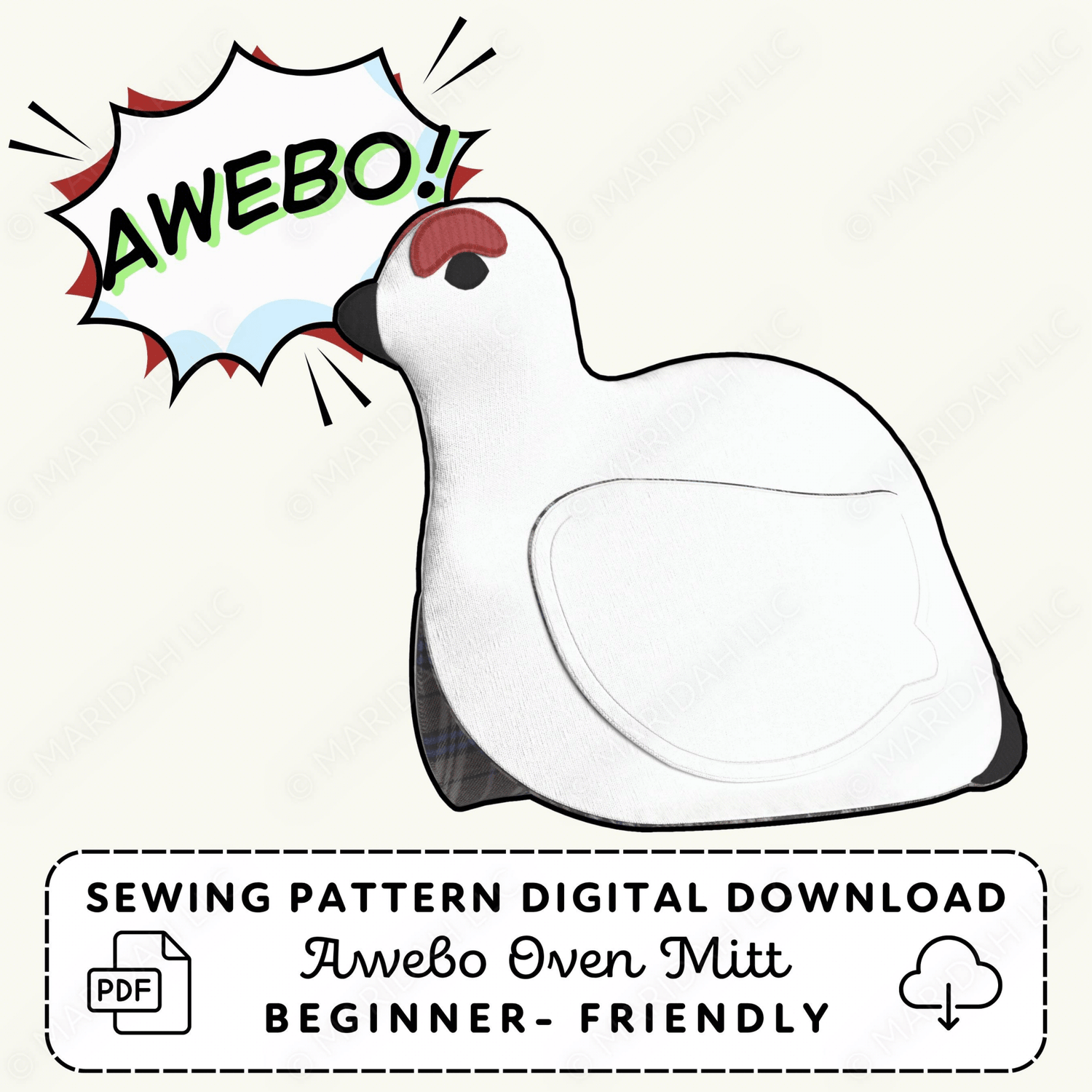 Sewing pattern digital download for an Awebo oven mitt with cartoon bird design and &