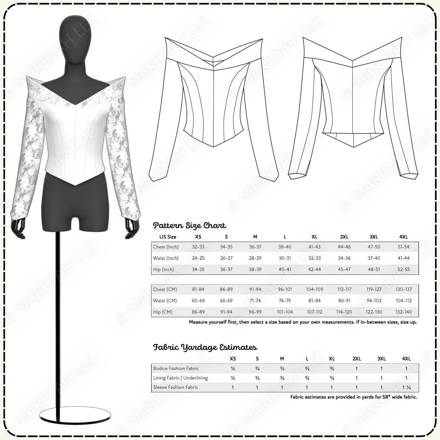Pattern size chart for a garment with measurements and fabric yardage estimates.