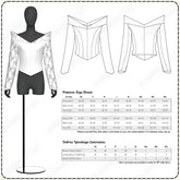 Pattern size chart for a garment with measurements and fabric yardage estimates.