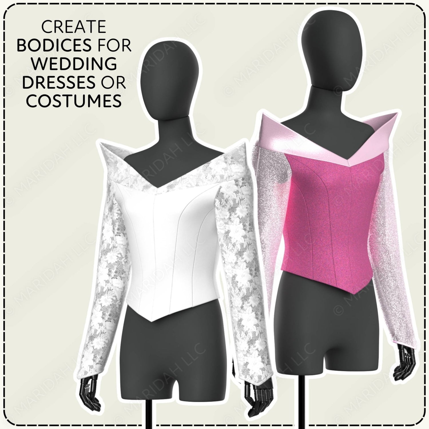 Two mannequins wearing bodices for wedding dresses or costumes on a plain background.