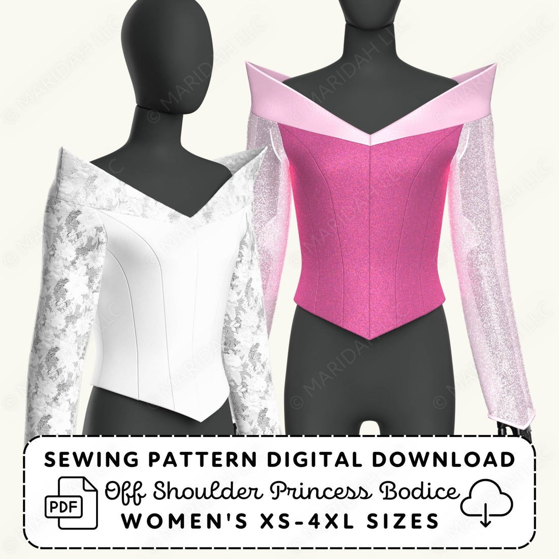 Sewing pattern digital download for off-shoulder princess bodice on mannequins with text overlay.