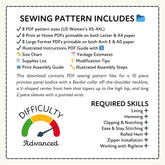 Sewing pattern information with required skills and difficulty level on a white background