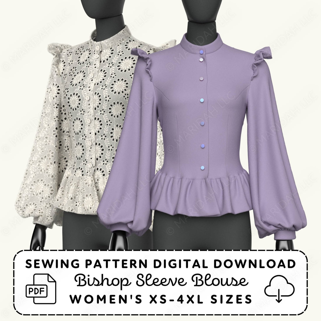 Two mannequins wearing Bishop Sleeve Blouses with a sewing pattern digital download text overlay.