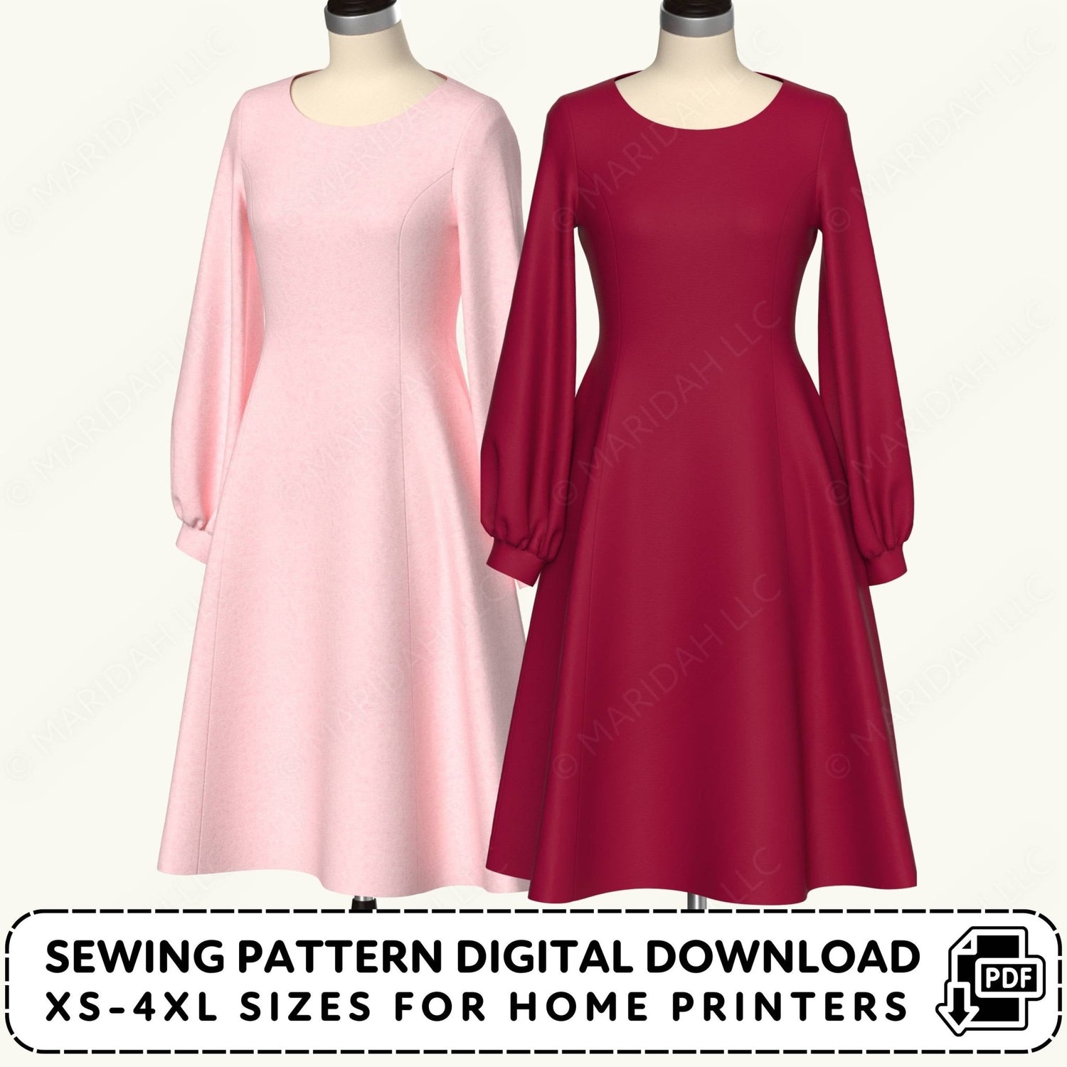 Two dresses, one pink and one red, on mannequins with sewing pattern digital download text.