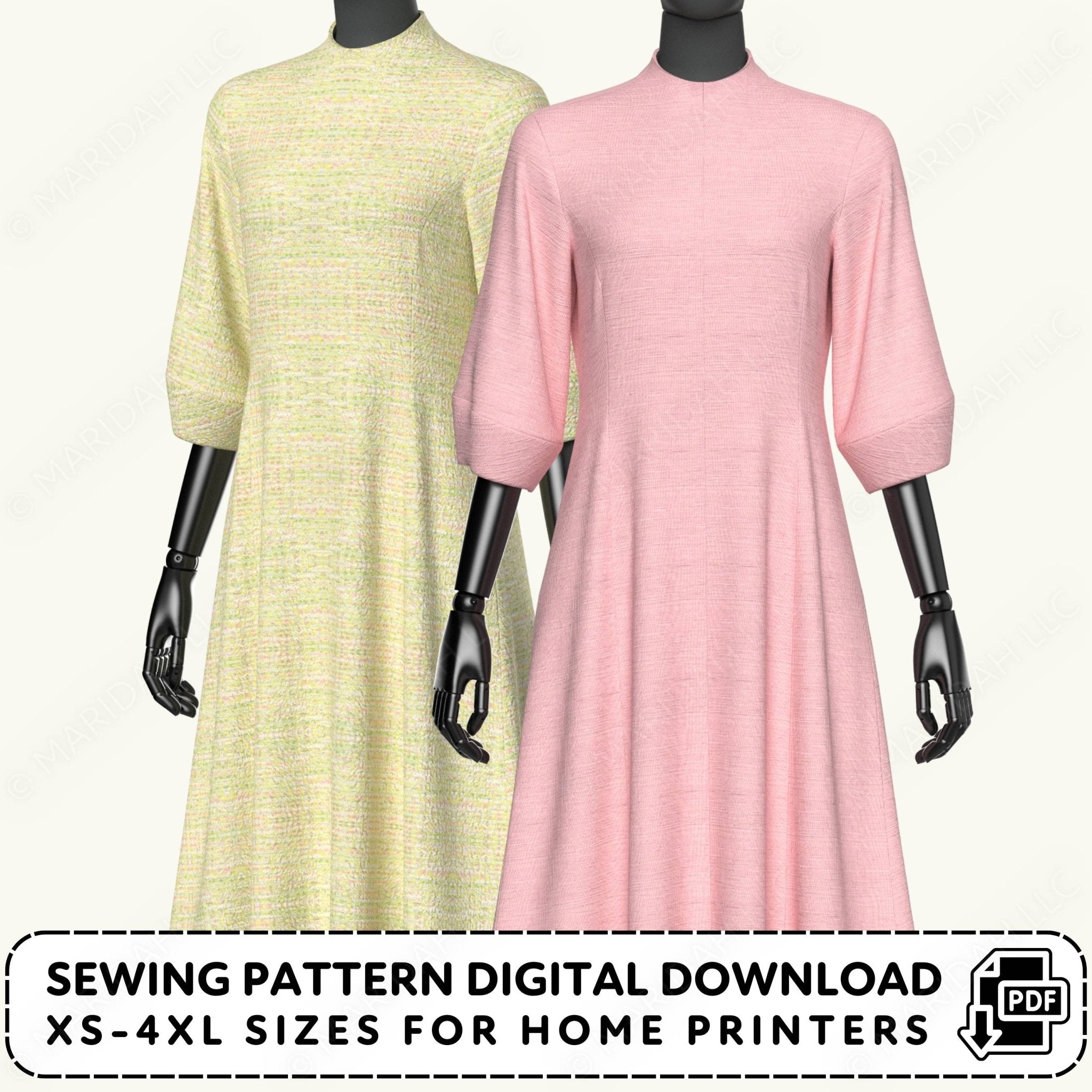 Two dresses on mannequins with sewing pattern digital download text.