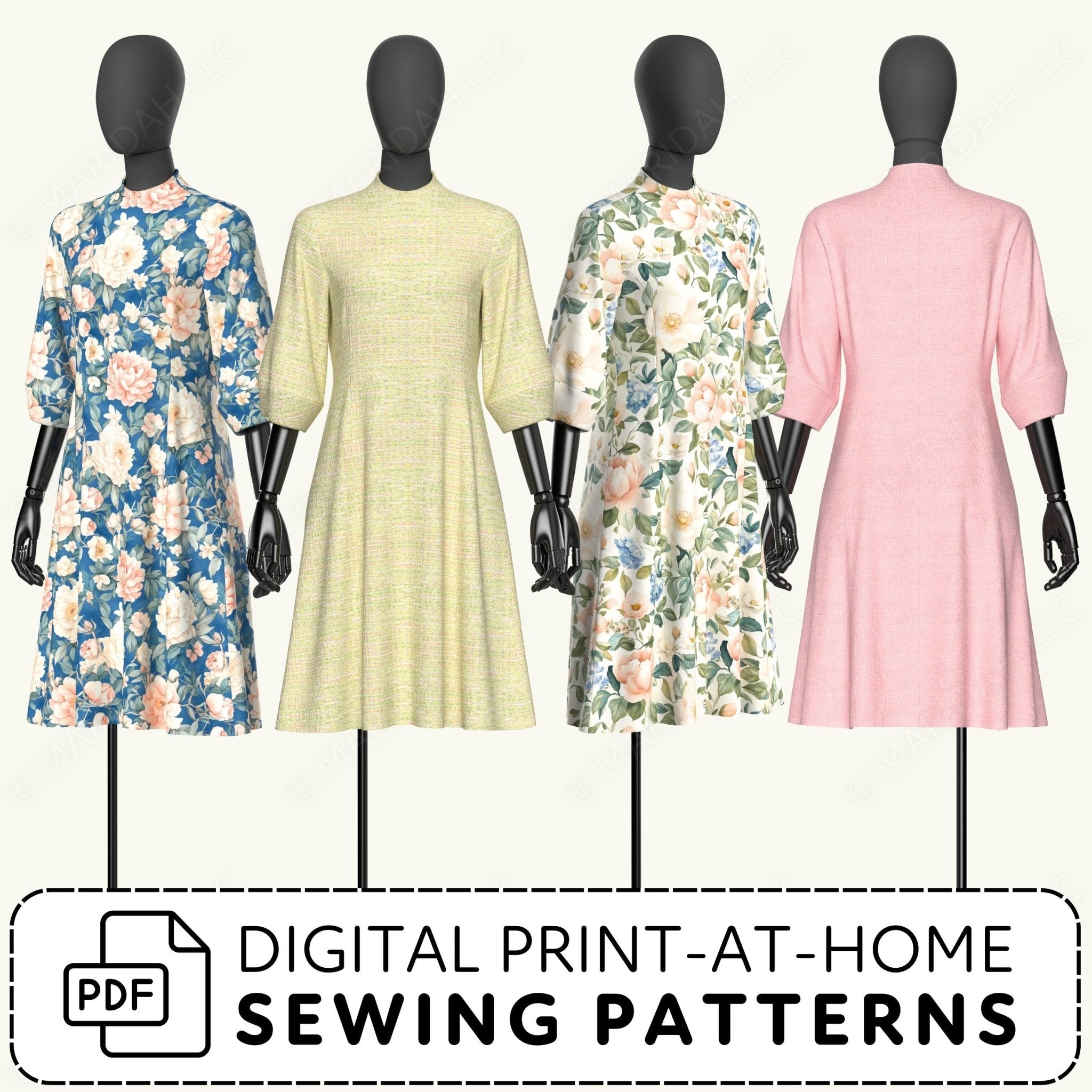 Four mannequins wearing dresses with digital print-at-home sewing patterns.
