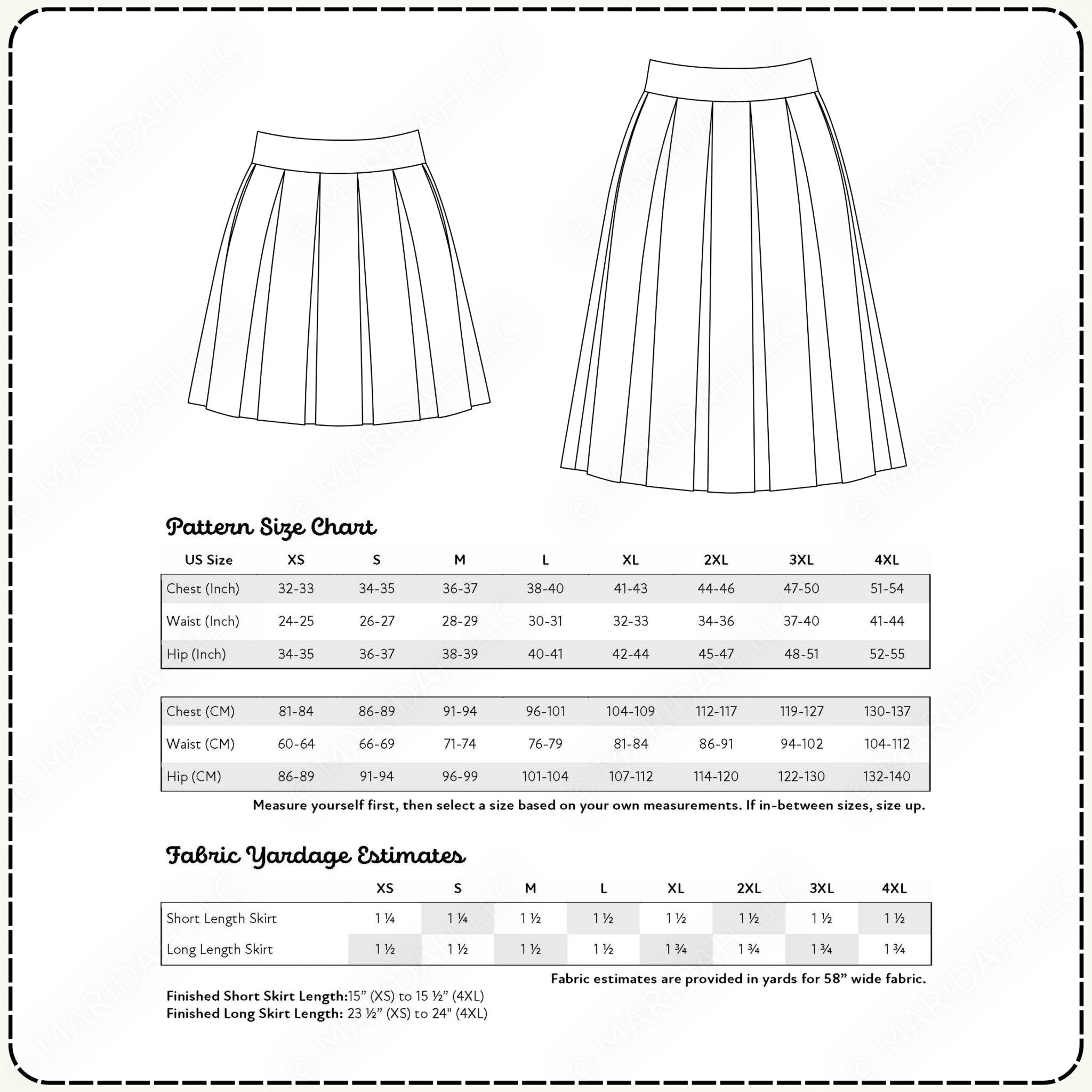 Pattern size chart for a skirt with measurements and fabric yardage estimates.
