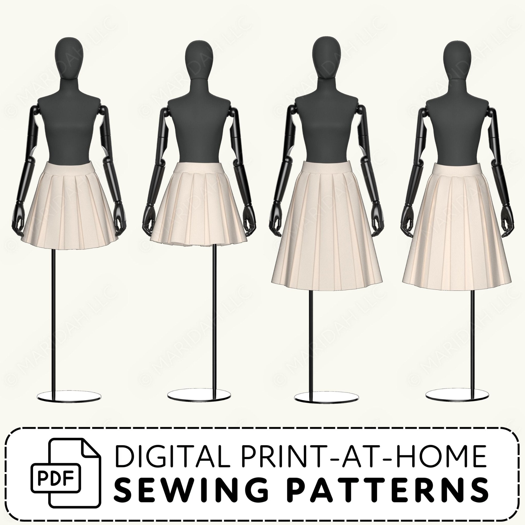 Four black mannequins wearing white pleated skirts with digital print-at-home sewing patterns text.