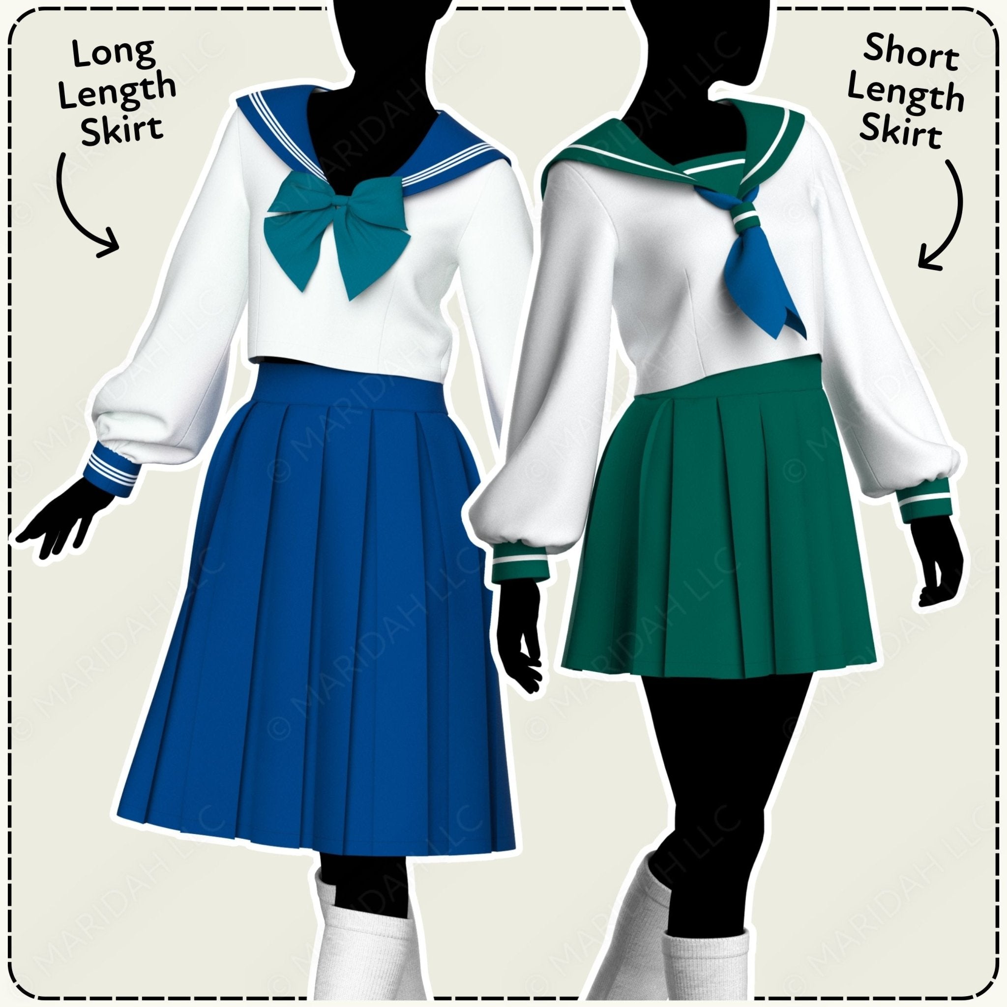 Two school uniforms with long and short skirts on mannequins against a plain background.