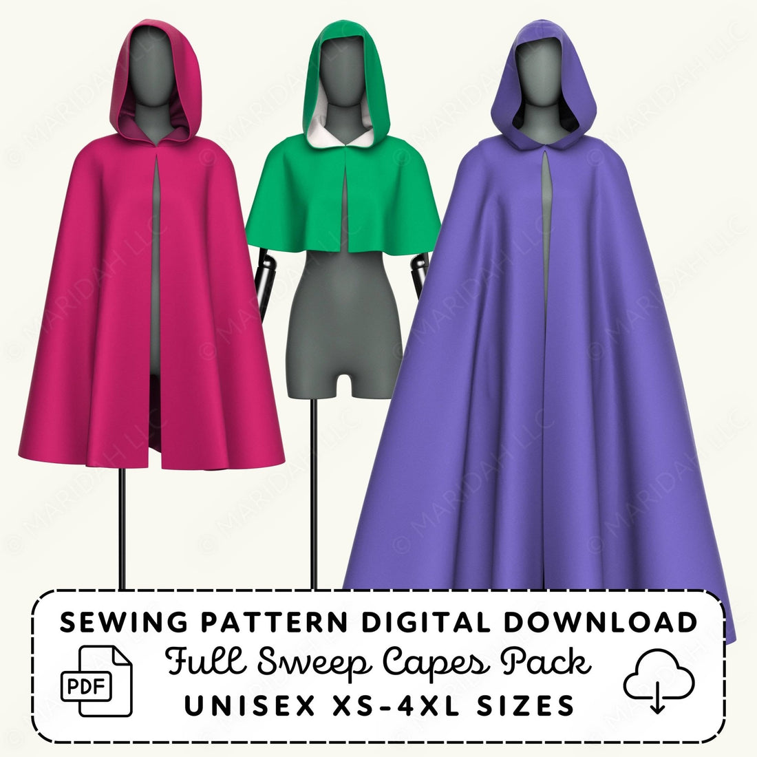 Three mannequins wearing colorful capes with a sewing pattern digital download text.