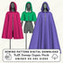 Three mannequins wearing colorful capes with a sewing pattern digital download text.