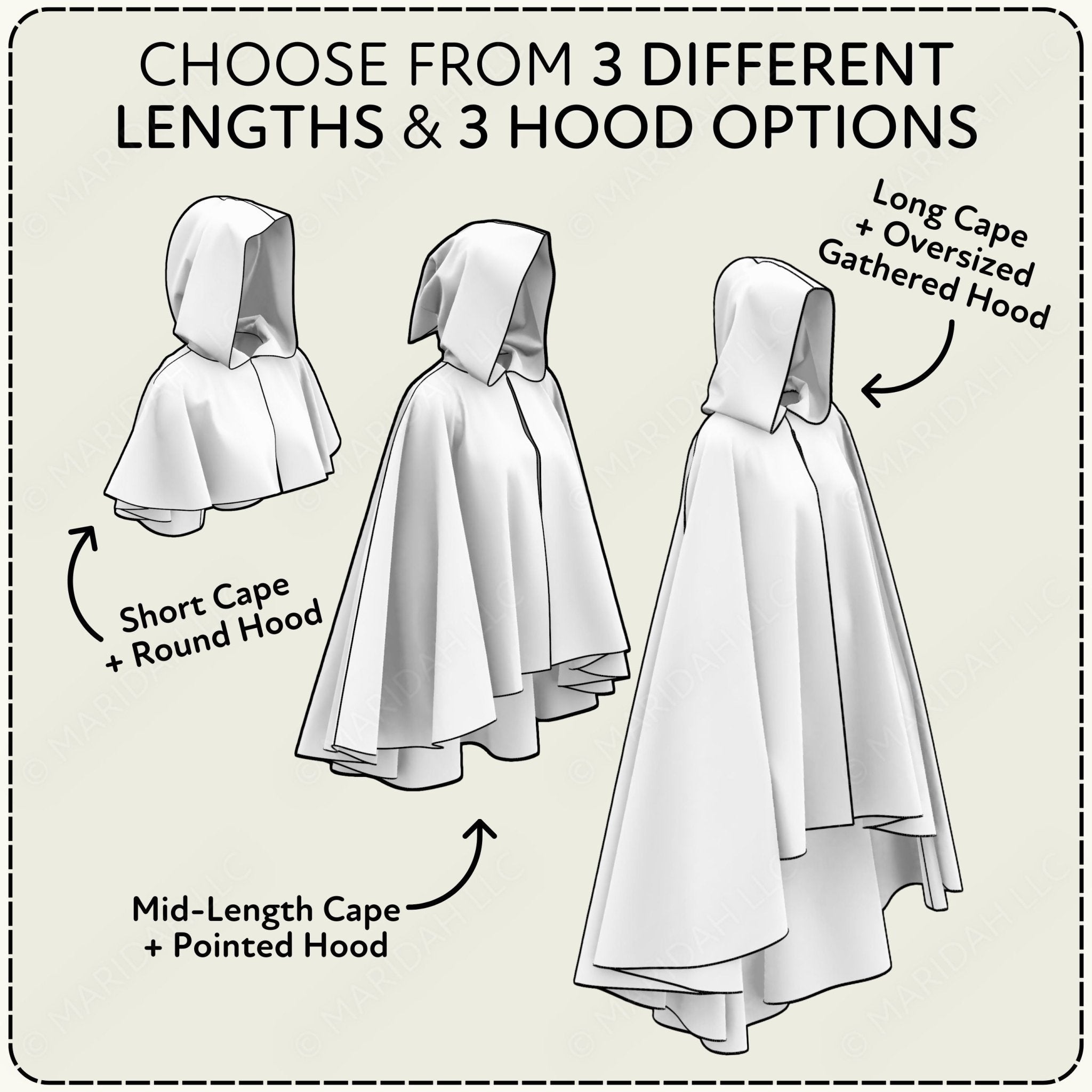 Diagram showing three different styles of capes with varying lengths and hood options on a beige background.